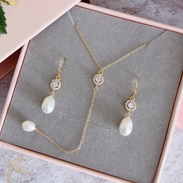 Set- Pearl Lariat Necklace/ Y-Pearl Necklace/ Pearl Necklace/ Bridal Necklace/ Wedding Jewelry