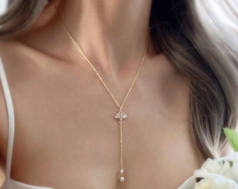 Parel lariatketting, vergulde bruidsketting een ketting en een paar oorbellen Sieradenset