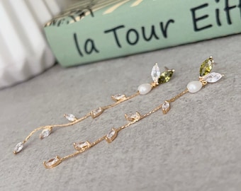 Gold Leaf Tassel Earrings, Freshwater Pearls, Bridal Wedding Jewelry