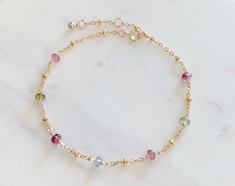 Bracciale con perline di tormalina, catena in oro 14 carati, pietra preziosa Rondelle