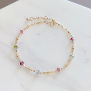 Tourmaline Beaded Bracelet, 14K Gold Chain, Rondelle Gemstone