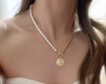 Half Pearl & Half Curb Chain Toggle Clasp Necklaces/ Greek Warrior Coin Pendant Necklace