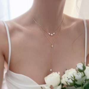 Pearl Lariat Necklace & Earring Set – Gold Bridal Jewelry image 2