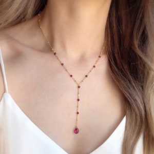 Garnet Y Necklace/ Natural Garnet Necklace/ Special Gift For Women/ Bridal Necklace/ Birthstone Necklace/ January Birthstone