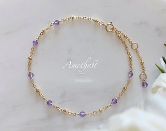 Amethyst Beaded Bracelet, 14k Gold Plated, February Birthstone