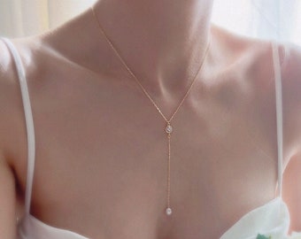 Pearl Lariat Necklace: 18K Gold, Bridal Wedding Jewelry