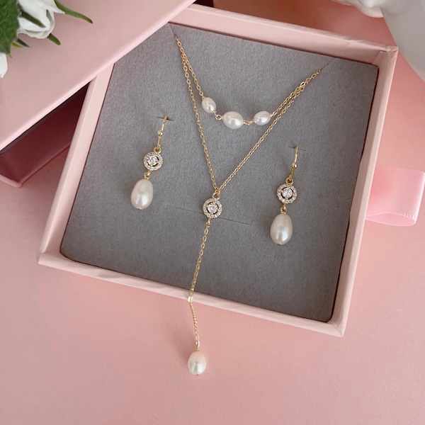 Set of 3 bride jewelry/ Pearl Lariat Necklace/ Y-Pearl Necklace/ Pearl Necklace/ Bridal Necklace/ Wedding Jewelry