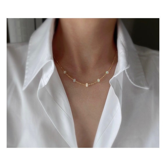 Ethiopian Opal Beaded Necklace, 14K Gold Plated Chain