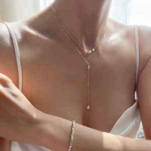 Pearl Lariat Necklace & Earring Set – Gold Bridal Jewelry image 8