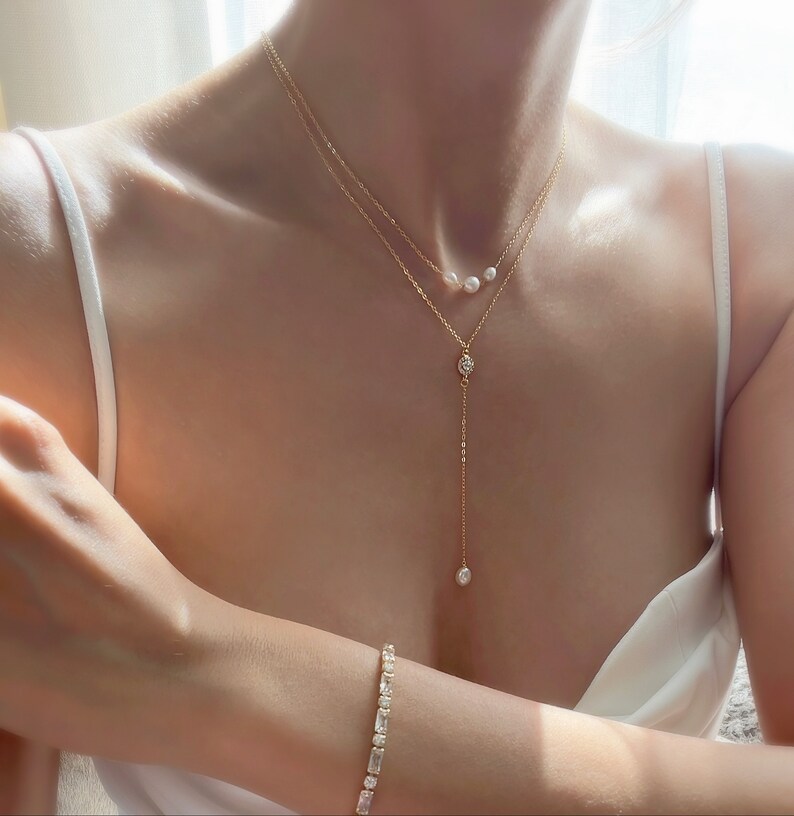Pearl Lariat Necklace & Earring Set – Gold Bridal Jewelry image 8