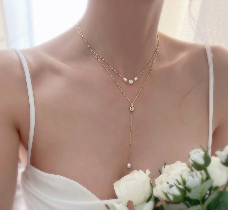 Pearl Lariat Necklace & Earring Set – Gold Bridal Jewelry image 2