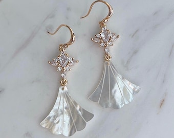 Art Deco Mother of Pearl Earrings: Gold Plated CZ Bridal Jewelry