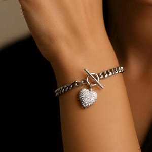 White Gold Curb Chain Bracelet/ OT Clasp Bracelet/ Heart Charm Bracelet
