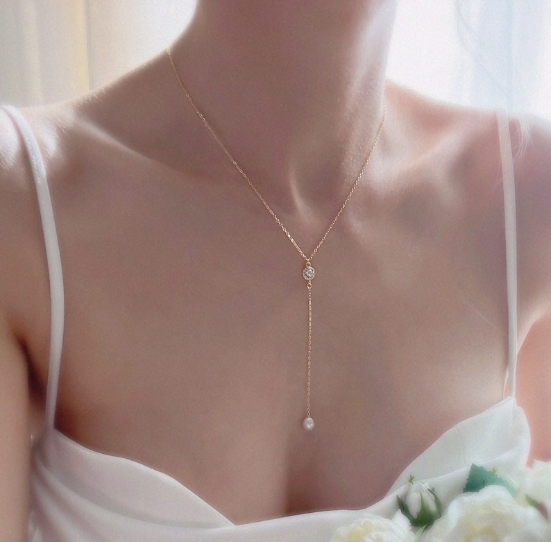 Pearl Lariat Necklace & Earring Set – Gold Bridal Jewelry image 4