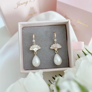 Pearl Drop Earrings, CZ Fan Charm, Bridal Jewelry