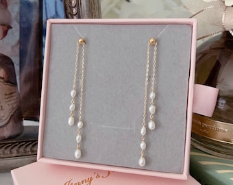 Freshwater Pearl Dangle Earrings, 18K Gold Plated Chain