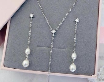 Set met Y-ketting en oorbellen zoetwaterparel, vergulde bruidssieraden