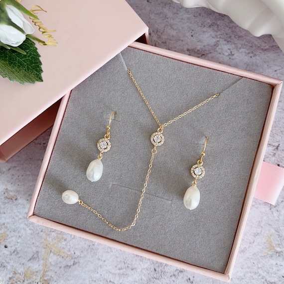 Pearl Lariat Necklace & Earring Set – Gold Bridal Jewelry