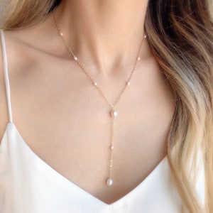 Freshwater Pearl Beaded Lariat Necklace/ Y-Pearl Necklace/ Pearl Necklace/ Bridal Necklace/ Wedding Jewelry