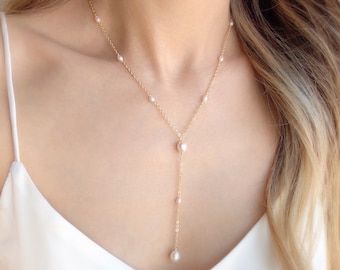 Freshwater Pearl Y-Necklace, Gold Plated Chain Bridal Lariat