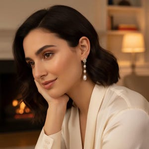 Freshwater Pearl Droplets Earrings/ Bridal Earring/ CZ Paved Leaf Earrings