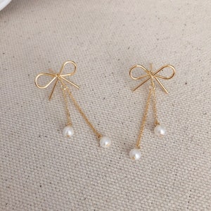 Delicate Ribbon Bow Earrings/ Lovely Pearl Earrings/ Special Gift for ...