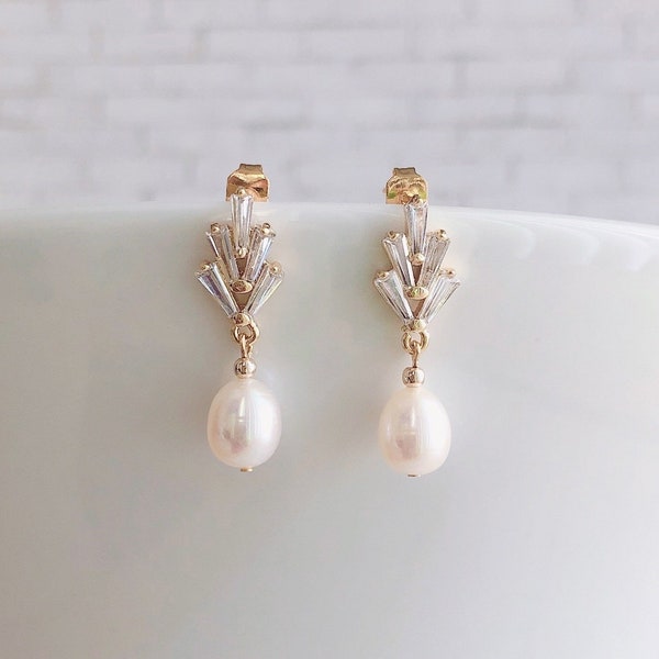 Dainty Freshwater Pearl Droplets Earrings/ Bridal Earring/ CZ Paved Leaf Earrings