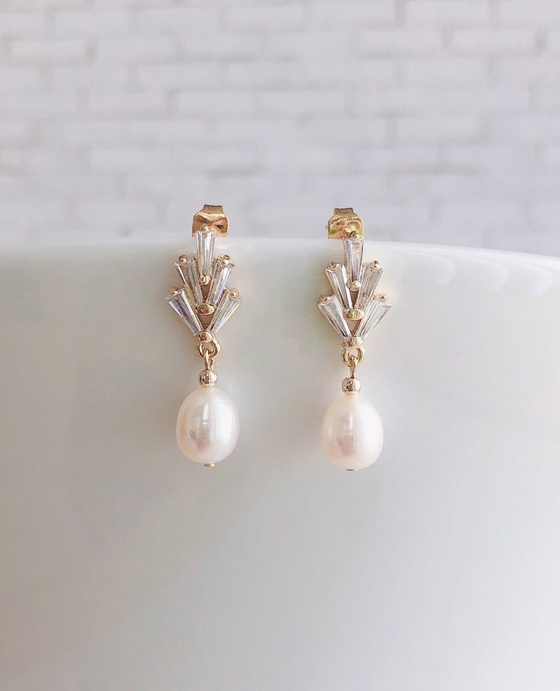 Dainty Freshwater Pearl Droplets Earrings/ Bridal Earring/ CZ Paved Leaf Earrings/ Minimal Pearl Earrings image 1