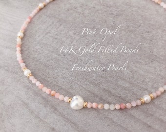 Pink Opal With Freshwater Pearls Beaded Choker Necklace/ Opal Necklace/ Birthstone Necklace/ 14k Gold Filled Necklace