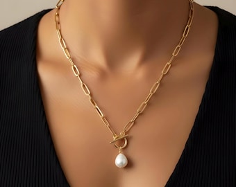 Gold Plated Toggle Necklace with Freshwater Pearl Charm
