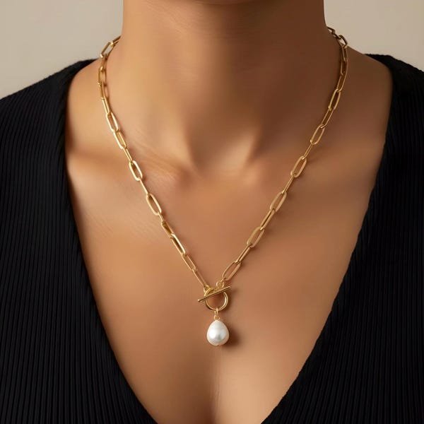 Gold Plated Toggle Necklace with Freshwater Pearl Charm