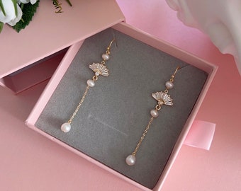 Baroque Pearl Dangle Earrings, 18K Gold Fan Charms