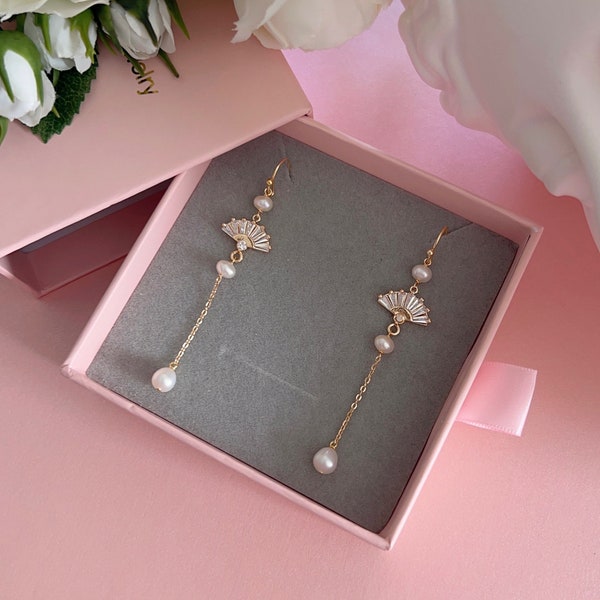 Baroque Pearl Dangle Earrings, 18K Gold Fan Charms