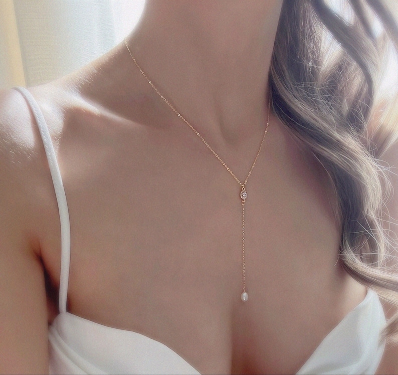 Pearl Lariat Necklace & Earring Set – Gold Bridal Jewelry image 6