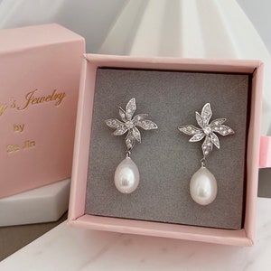CZ Paved Flower Post Pearl Earrings/ Bridal Earrings/ Wedding Jewelry/ Bridesmaids Earrings/ Special Gift For Women