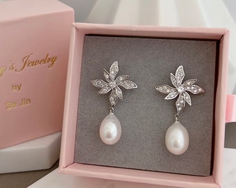 CZ Paved Flower Post Pearl Earrings/ Bridal Earrings/ Wedding Jewelry/ Bridesmaids Earrings/ Special Gift For Women