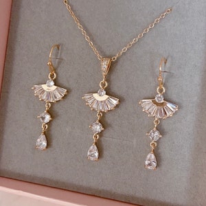 Set- Dainty Crystal Earrings & Necklace Set/ Bridal Earring/ CZ Paved Leaf Earrings/ Wedding Jewelry Sets