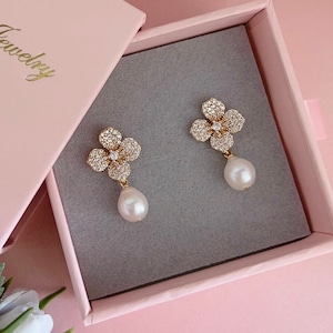 Freshwater Pearl CZ Paved Flower Post Pearl Earrings/ Bridal Earrings/ Wedding Jewelry/ Bridesmaids Earrings/ Special Gift For Women