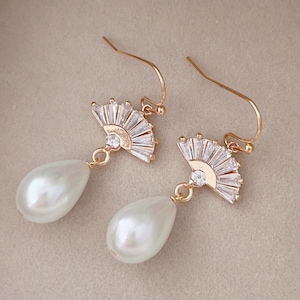 Teardrop Pearl Earrings/ CZ Paved Fan charm drop earrings/ Bridal Earrings/ Bridesmaids Gift/ Wedding Jewelry