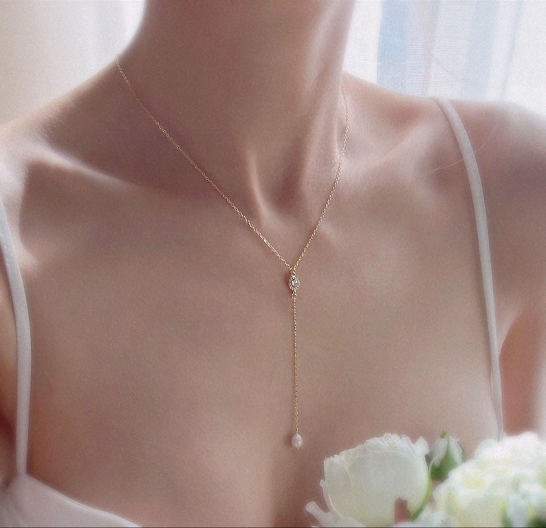 Pearl Lariat Necklace & Earring Set – Gold Bridal Jewelry image 9