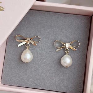 Delicate Freshwater Pearl Ribbon Bow Earrings/ Lovely Pearl Earrings/ Special Gift For Her/ Bridal Earrings/ Bridesmaids Earrings