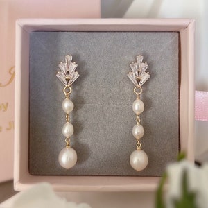 Freshwater Pearl Droplets Earrings/ Bridal Earring/ CZ Paved Leaf Earrings