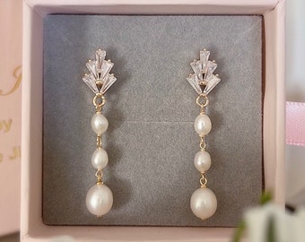 Freshwater Pearl Droplets Earrings/ Bridal Earring/ CZ Paved Leaf Earrings