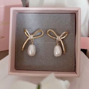Delicate Ribbon Bow Earrings/ Lovely Pearl Earrings/ Special Gift For Her/ Bridal Earrings/ Bridesmaids Earrings/ Valentine’s Day Gift