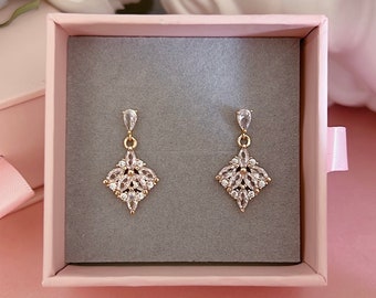 Dainty CZ Charm Earrings/ Bridal Earring/ CZ Paved Leaf Earrings/ Wedding Earrings