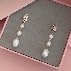 Freshwater Pearl Droplets Earrings/ Bridal Earring/ CZ Paved Leaf Earrings