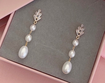 Freshwater Pearl Droplets Earrings/ Bridal Earring/ CZ Paved Leaf Earrings