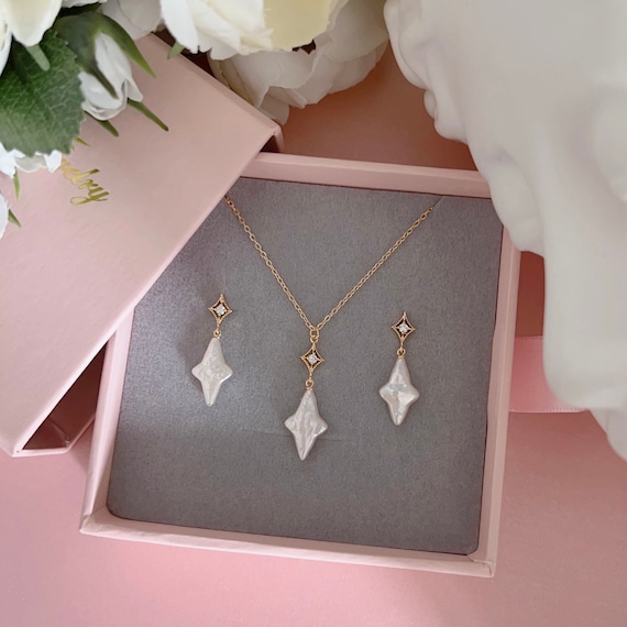 Set- Pearl Lariat Necklace/ Star Pearl Necklace/ Pearl Necklace/ Bridal Necklace/ Wedding Jewelry