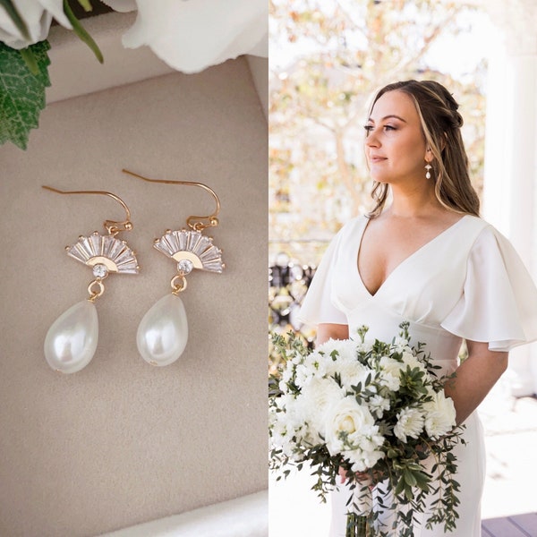 Teardrop Pearl Earrings/ CZ Paved Fan charm drop earrings/ Bridal Earrings/ Bridesmaids Gift/ Wedding Jewelry