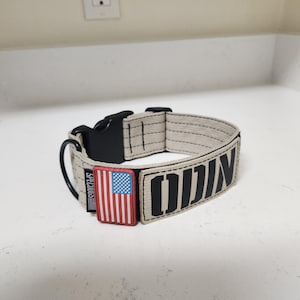 Peut inclure: Collier pour chien beige avec boucle noire et coutures noires et blanches. Le collier présente un écusson avec le drapeau américain rouge, blanc et bleu et le nom "ODIN" en lettres noires. Une petite étiquette noire indique "SPEC DOGS".